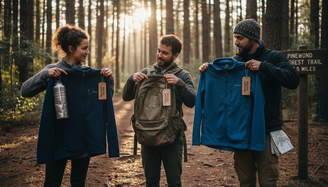 Hikers comparing eco-friendly outdoor clothing
